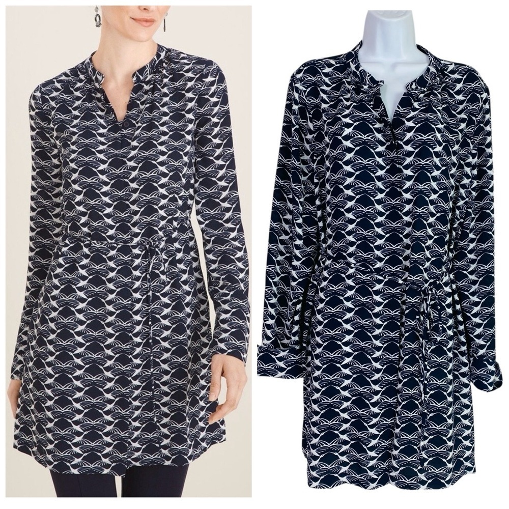 Chico’s Navy/White Geo Bird Print Button Crepe Woven Tunic Size 12/L